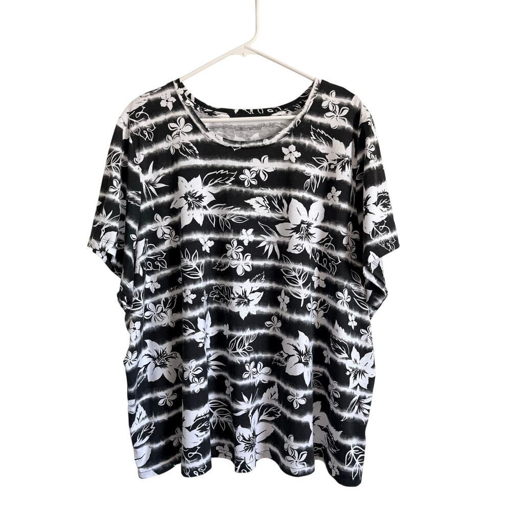 Woman Within Perfect Printed Short Sleeve Crewneck Tee Black Floral 3X 30-32